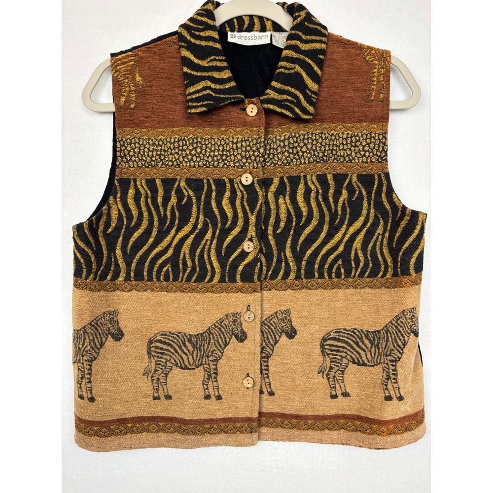 Dressbarn Vest Womens Medium Zebra Animal Print Tapestry Button Front